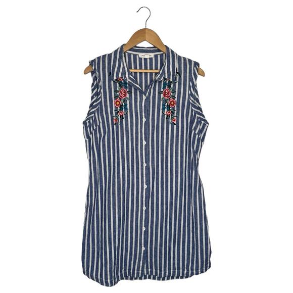 Bea Dresses & Skirts - Beach Lunch Lounge Dress Womens L Linen Striped Shirt Embroidered Floral Blue